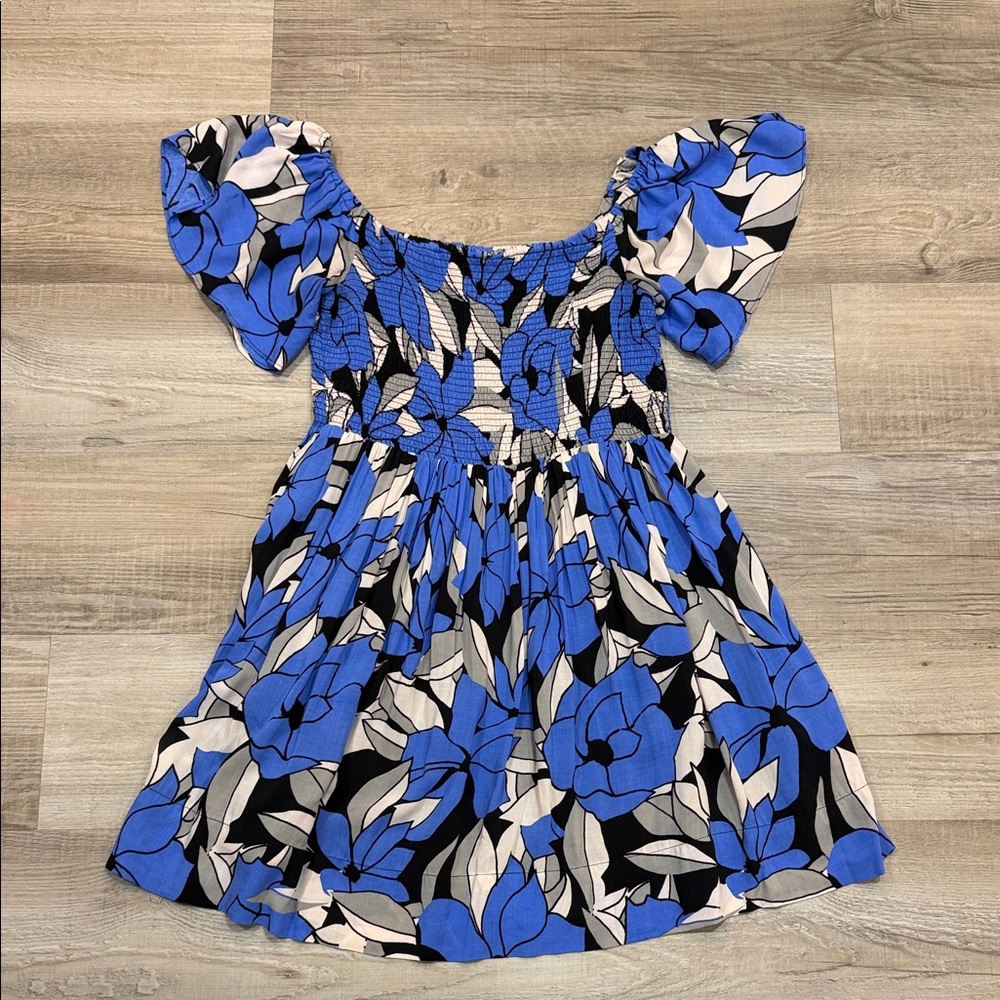 Free People Dress in Blue, White and Black Floral Design, Size Small